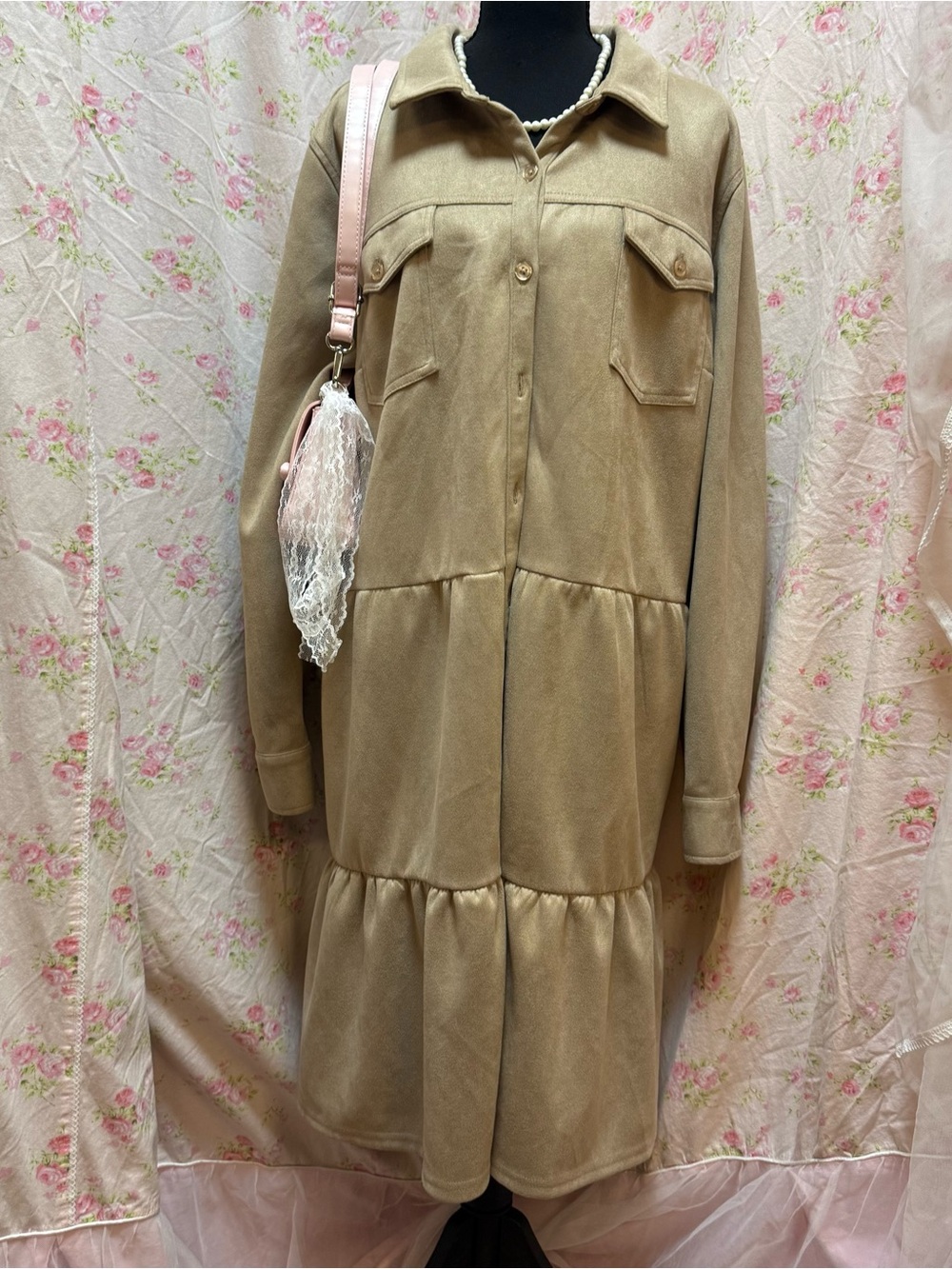 Button-Front Tiered Jacket Dress in Camel